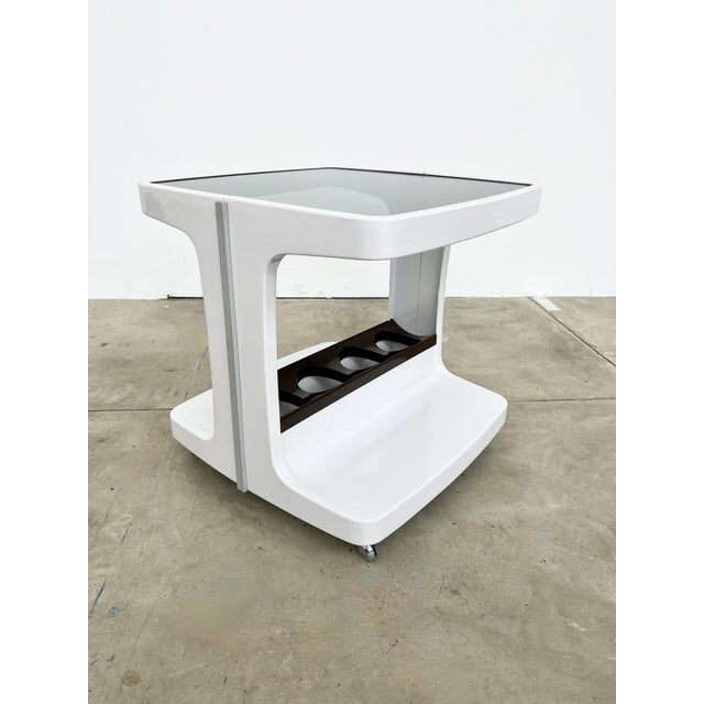 White Vintage Rolling Bar Cart in White Plastic and Smoked Glass by Marc Held, 1970s For Sale - Image 8 of 13