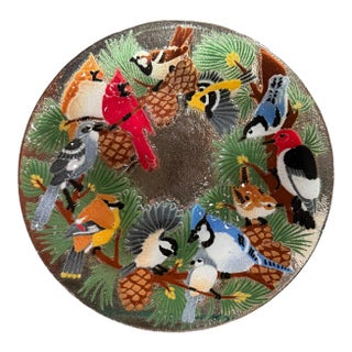 1990s Peggy Karr Festive Birds Signed Fused Art Glass Platter For Sale
