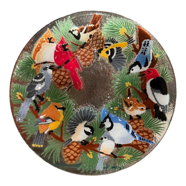 1990s Peggy Karr Festive Birds Signed Fused Art Glass Platter For Sale