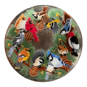 1990s Peggy Karr Festive Birds Signed Fused Art Glass Platter
