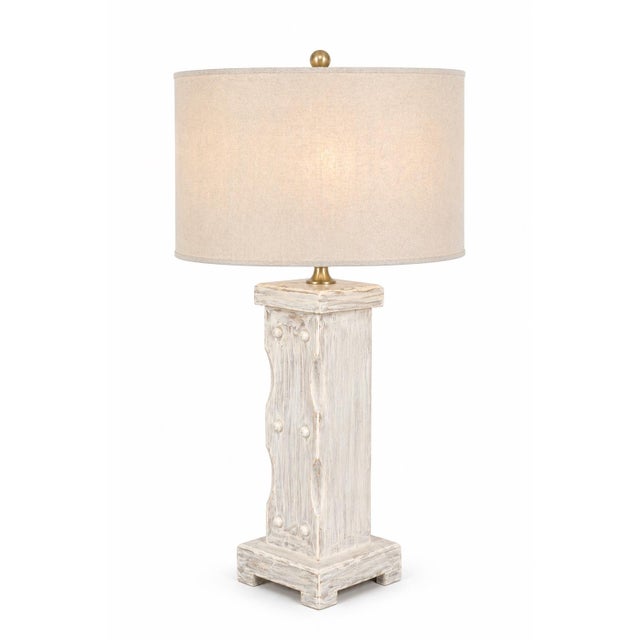 1970s 1970s Coastal Breeze Limewashed Column Table Lamps — 16” Linen Drum Shades, Brass Finials - a Pair For Sale - Image 5 of 8