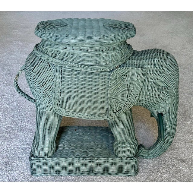 1960s Vintage Green Wicker Elephant Side Table With Removable Tray For Sale - Image 5 of 9