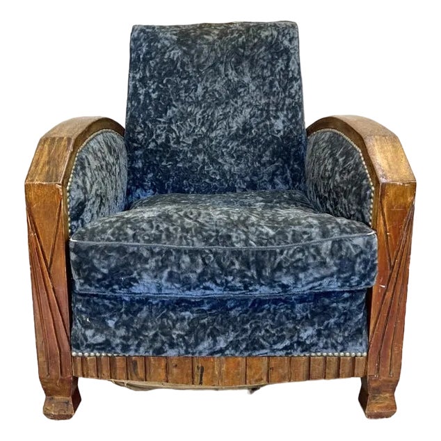 Art Deco Blue Velvet Lounge Chair For Sale