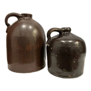 Antique Handcrafted Brown Stoneware Jug Pair