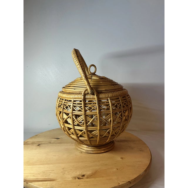 Vintage Bent Rattan Wicker Basket W Handle & Lid Easter Egg 10” Boho Cottage For Sale - Image 11 of 11