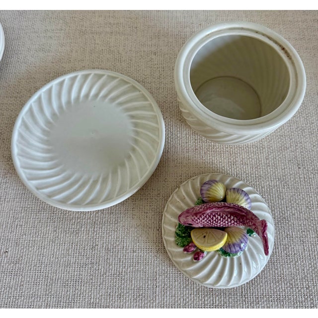 Fitz and Floyd set of 5 cream soup bowls and saucer set with lid. Fish on lid. Excellent condition. Height 6.5 in 16 oz...