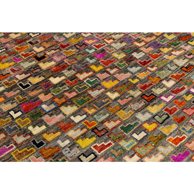 Contemporary Hand-Knotted Baluch Style Rug Vibrant L-Shaped Motif Geometric Wool For Sale - Image 9 of 11