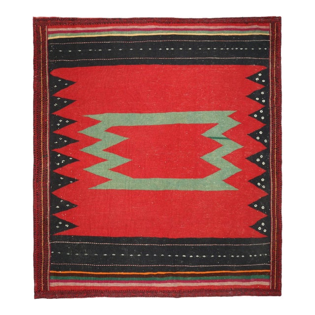 Vintage Sofreh Persian Kilim in Red With Teal and Black Pattern - by Rug & Kilim For Sale