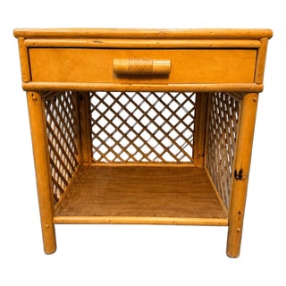 Vintage Coastal Bamboo and Rattan Lattice Nightstand With Drawer For Sale
