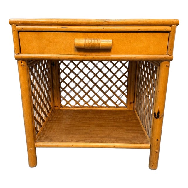 Vintage Coastal Bamboo and Rattan Lattice Nightstand With Drawer For Sale