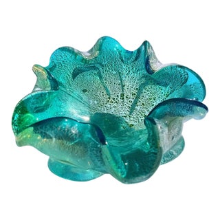 Vintage Turquoise Murano Attributed Sommerso Silver Leaf Ashtray - Handblown Mid Century Modern Catchall For Sale
