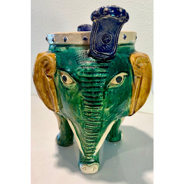 Hollywood Regency Vintage Sancai Glazed Ceramic Elephant Planter For Sale - Image 3 of 9