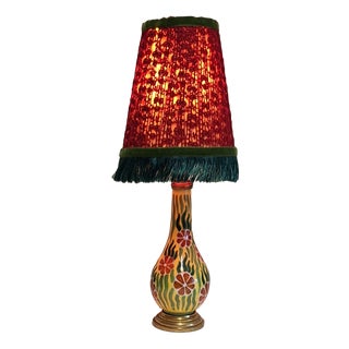 Antique Art Nouveau Table Lamp with Painted Ceramic Base in Brass Socket and Fabric Shade by Lamplove, 1910s For Sale