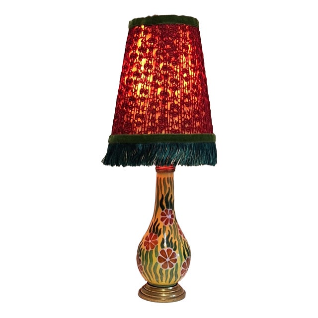 Antique Art Nouveau Table Lamp with Painted Ceramic Base in Brass Socket and Fabric Shade by Lamplove, 1910s For Sale