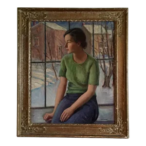 1930s Portrait of a Young Connecticut Woman & Winter Snow Scene Landscape Oil Painting by Harry Farlow