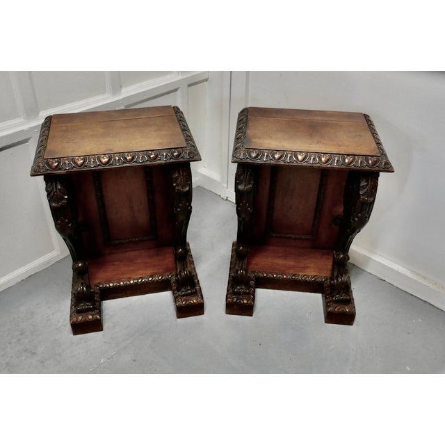 A pair of 19th century Art Nouveau Gothic carved oak console pedestals A good pair of pedestals, made in oak with the most...