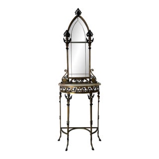 1920s Oscar Bach-Style Brass & Onyx Console With Mirror For Sale