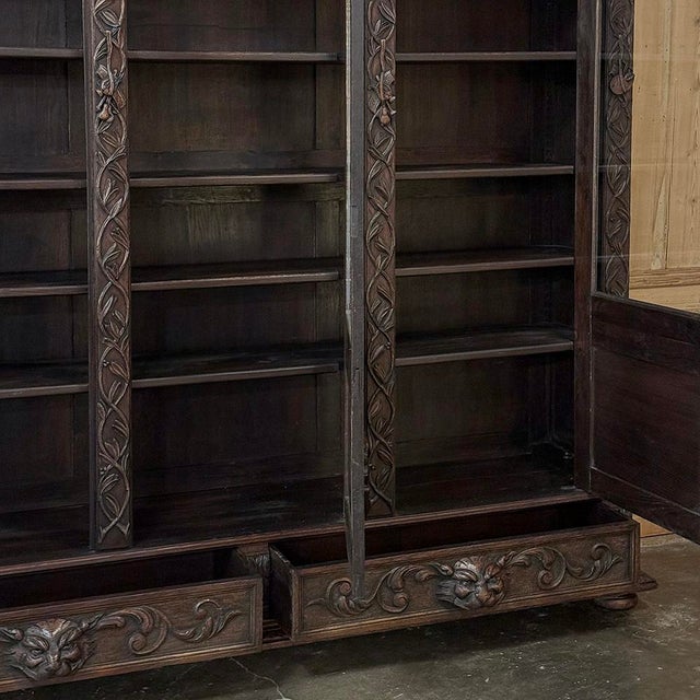 19th Century Renaissance Revival Hand-Carved Oak Triple Bookcase For Sale - Image 18 of 18