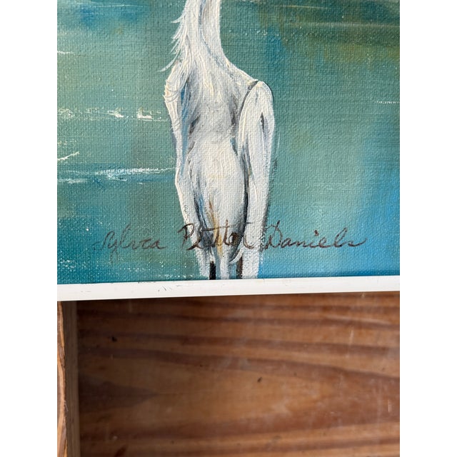 Metal Vintage Old Florida Egret Landscape Painting by Debra Pate Daniels For Sale - Image 7 of 11