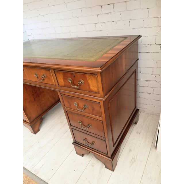 Antique Twin Pedestal Desk in Dark Yew Wood and Leather Top, 1980 For Sale - Image 9 of 18