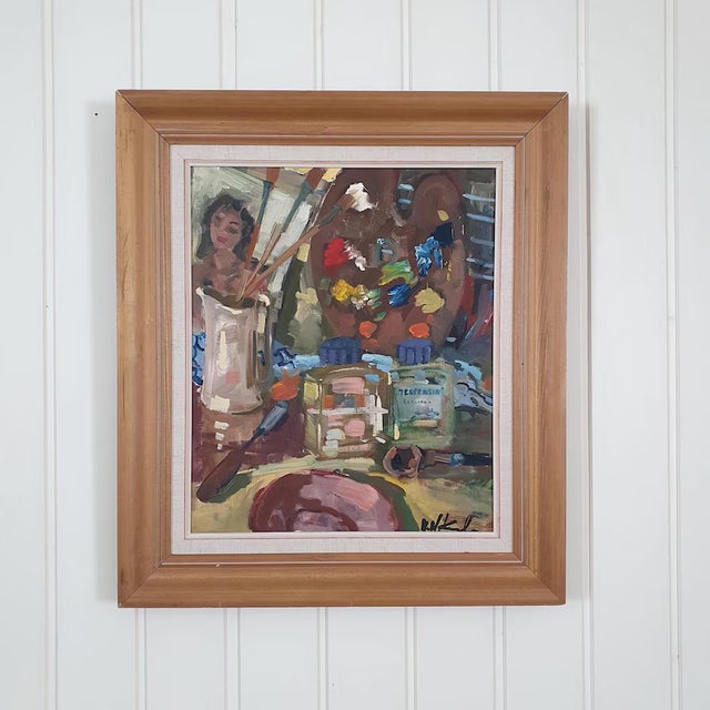 Brown 1950s Mid-Century Swedish Modernist Artist Studio Still Life Oil Painting by Uno Hubert Karlsson For Sale - Image 8 of 18