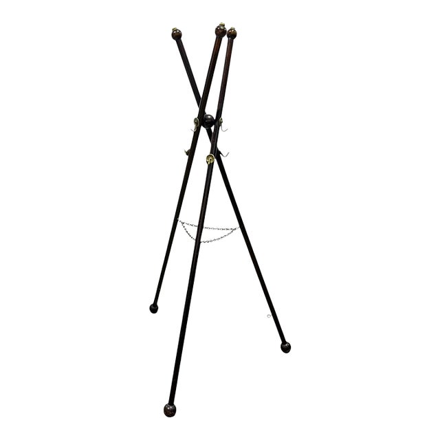 Vintage Mahogany Wood Coat & Hat Rack With Brass Hooks For Sale