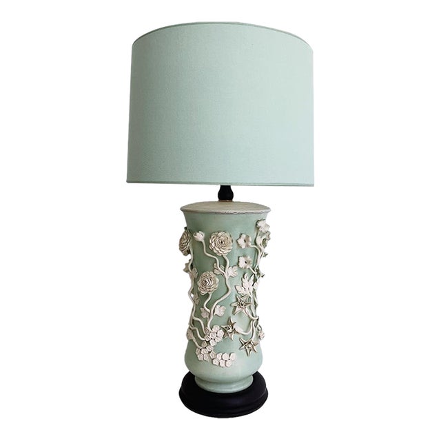 Italian Applied Floral Lamp & Shade For Sale