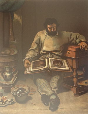 Gustave Courbet, Marc Trapadoux examinant un livre d'estampes, Lithograph