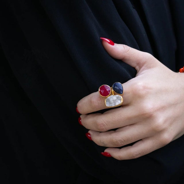 Energized Harmony Ruby, Quartz & Amethyst Adjustable Gemstone Ring, Size 4 For Sale - Image 9 of 11