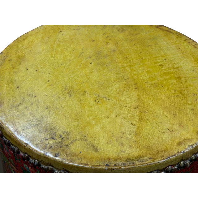 Red Oriental Tibetan Style Red Auspicious Flower Motifs Drum Table For Sale - Image 8 of 10