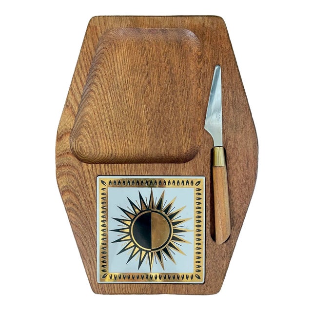 Vintage Dolphin Cheeseboard Walnut Golden Sun Starburst Japan with Knife- 2 Pieces For Sale - Image 4 of 4