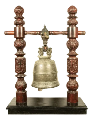 19th Century Burmese Bronze Temple Bell with Hardwood Stand, Large Scale