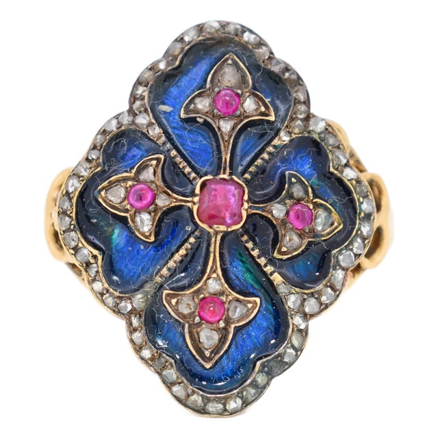 19th century coat of arms ring in gold, enamel, diamonds and rubies, Size 7 For Sale