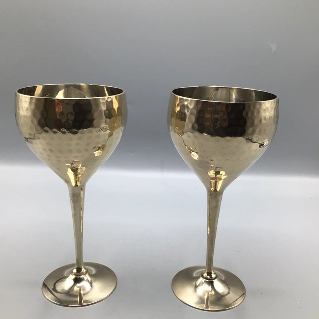Handmade Brass Pitcher and 2 Hand Pounded Brass Wine/Water Goblets-Set of 3 For Sale - Image 9 of 12