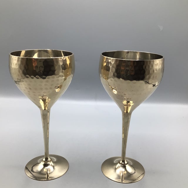 Vintage Handmade Brass Pitcher and 2 Hand Pounded Brass Wine/Water Goblets-Set of 3 For Sale - Image 9 of 12