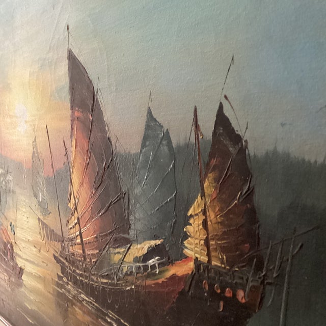 Vintage Painting on Canvas Chinese Junks Sailing Boats on Sunset Harbor Signed Framed For Sale - Image 4 of 12