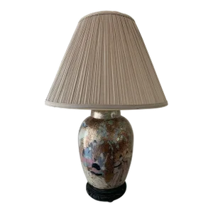 Chinoiserie Reverse Glass Painted Lamp With Wood Base, Linen Shade & Finial