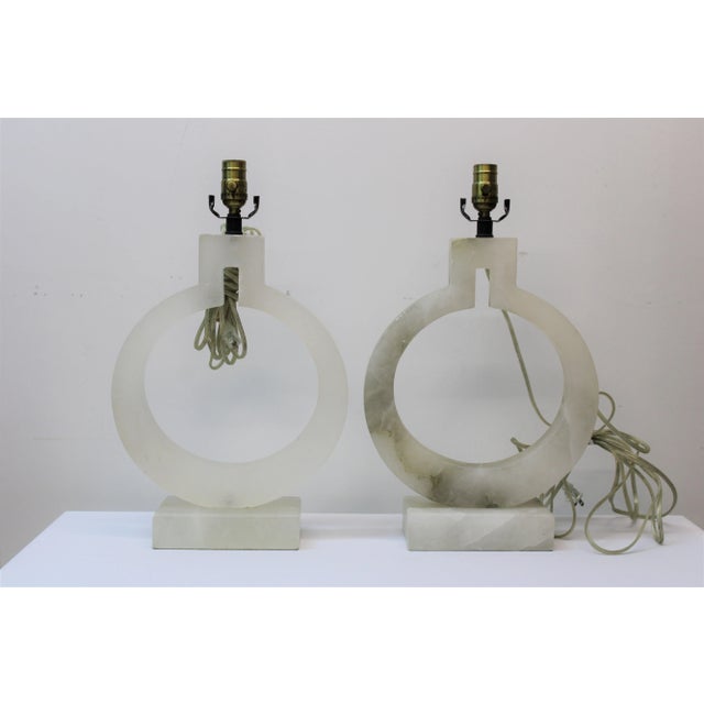 Mid 20th Century Pair of Circular Alabaster Table Lamps For Sale - Image 5 of 5