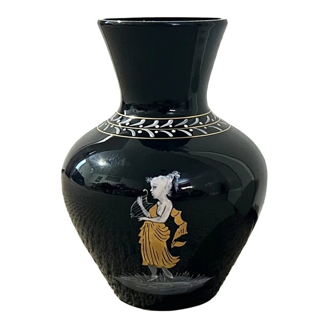 Vintage 1950’s American Westmoreland Mary Gregory Black Amethyst Glass Hand-Painted Woman Playing Harp Motif Baluster Vase For Sale