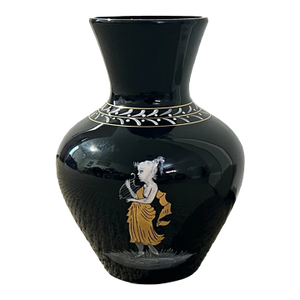 Vintage 1950’s American Westmoreland Mary Gregory Black Amethyst Glass Hand-Painted Woman Playing Harp Motif Baluster Vase