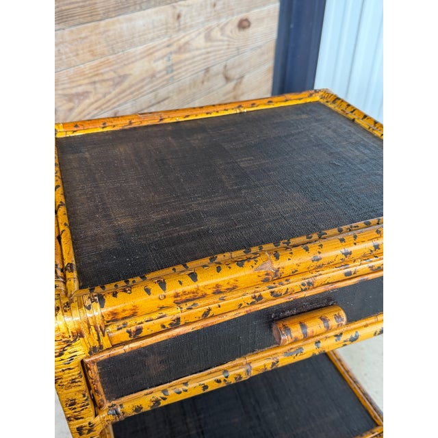 Wood Pair Vintage British Colonial Tortoise Finish Rattan & Grasscloth Nightstands For Sale - Image 7 of 12