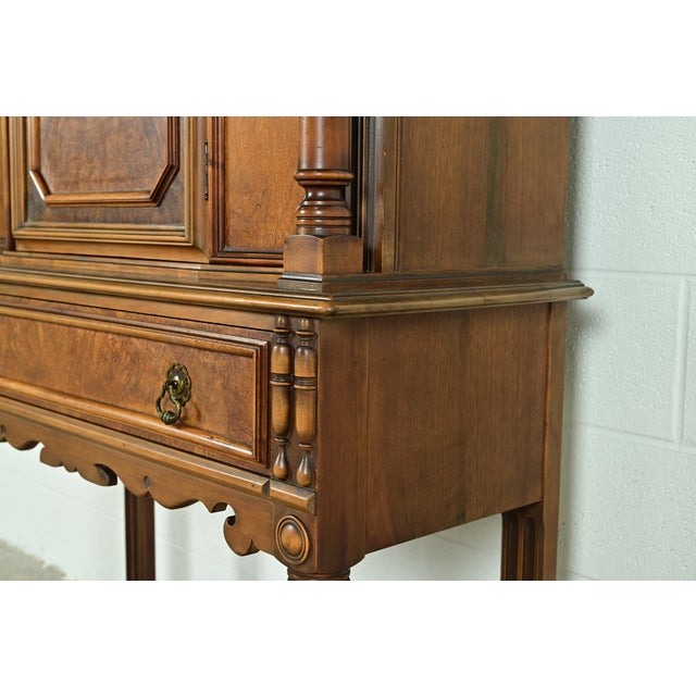 Berkey & Gay Antique English Jacobean Carved Walnut and Burl Wood Bookcase or Bar Cabinet, Circa 1920s For Sale - Image 10 of 16