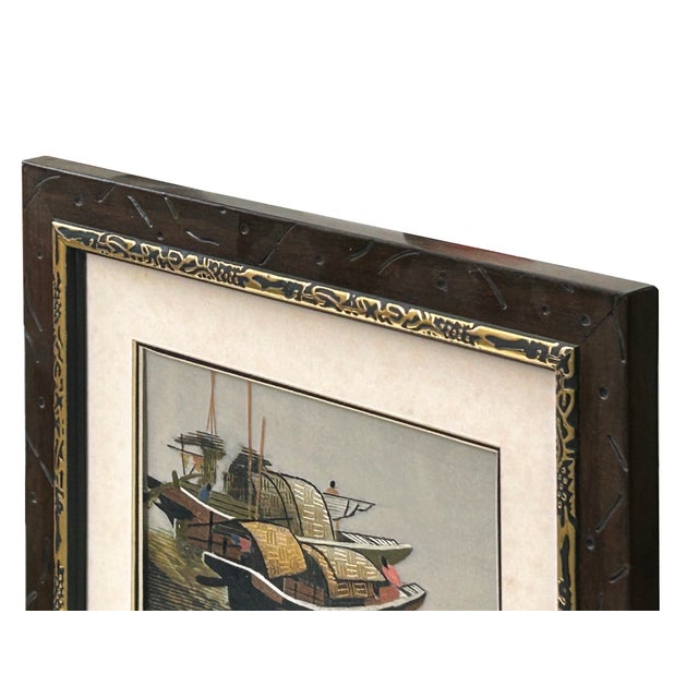Copper Vintage Embroidery River Vessel Boats Rectangular Framed Art For Sale - Image 8 of 8