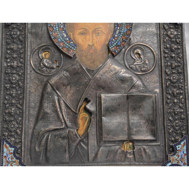 Religious 19th Century Russian Enameled Sterling Silver Icon For Sale - Image 3 of 8