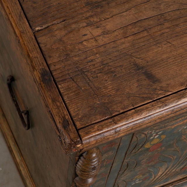19th Century Blue Painted Carved Flat Top Trunk With Drawer From Hungary For Sale - Image 6 of 14