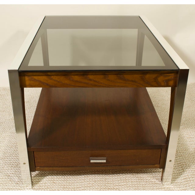 1970s Vintage Side Table With Drawer and Smoked Glass Top For Sale - Image 5 of 9