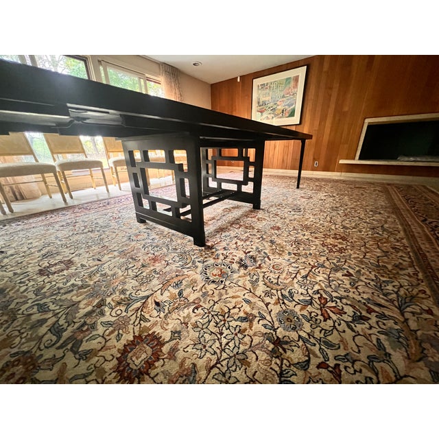 Black Mid 20th Century Black Lacquer Extension Dining Table With Asian-Inspired Fretwork Base, Two Leaves and Custom Protective Pads For Sale - Image 8 of 10