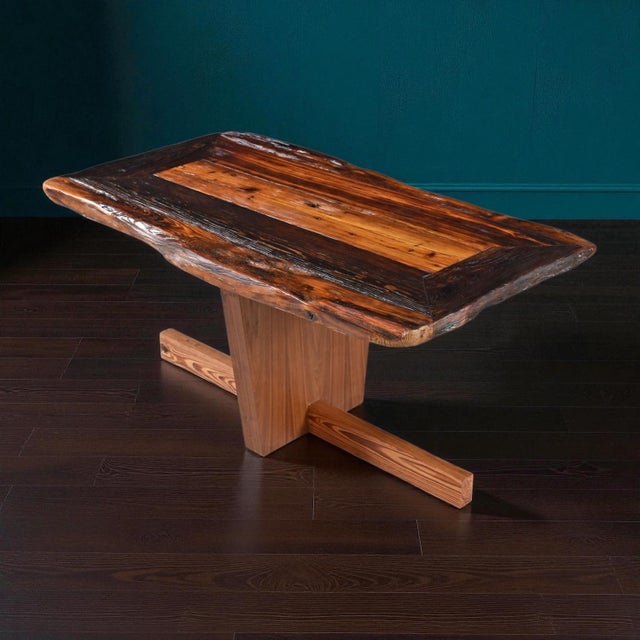 Modern Custom Made Lived Edge Heart of Pine Slab Coffee Table on Modern Wood Base For Sale - Image 3 of 10