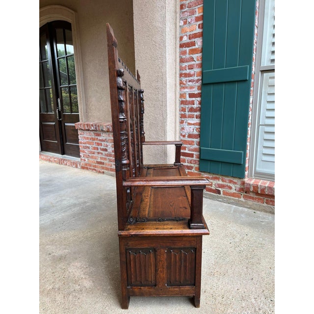 Wood Antique English Gothic Hall Bench Carved Oak Medieval Knights Settle C1880 For Sale - Image 7 of 18