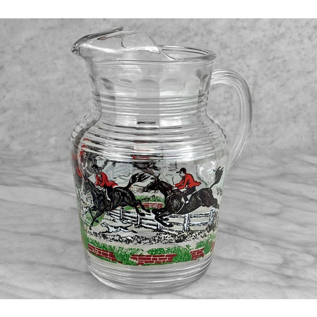English Vintage English Traditional Fox Hunt Equestrian Glass Lemonade Pitcher For Sale - Image 3 of 9